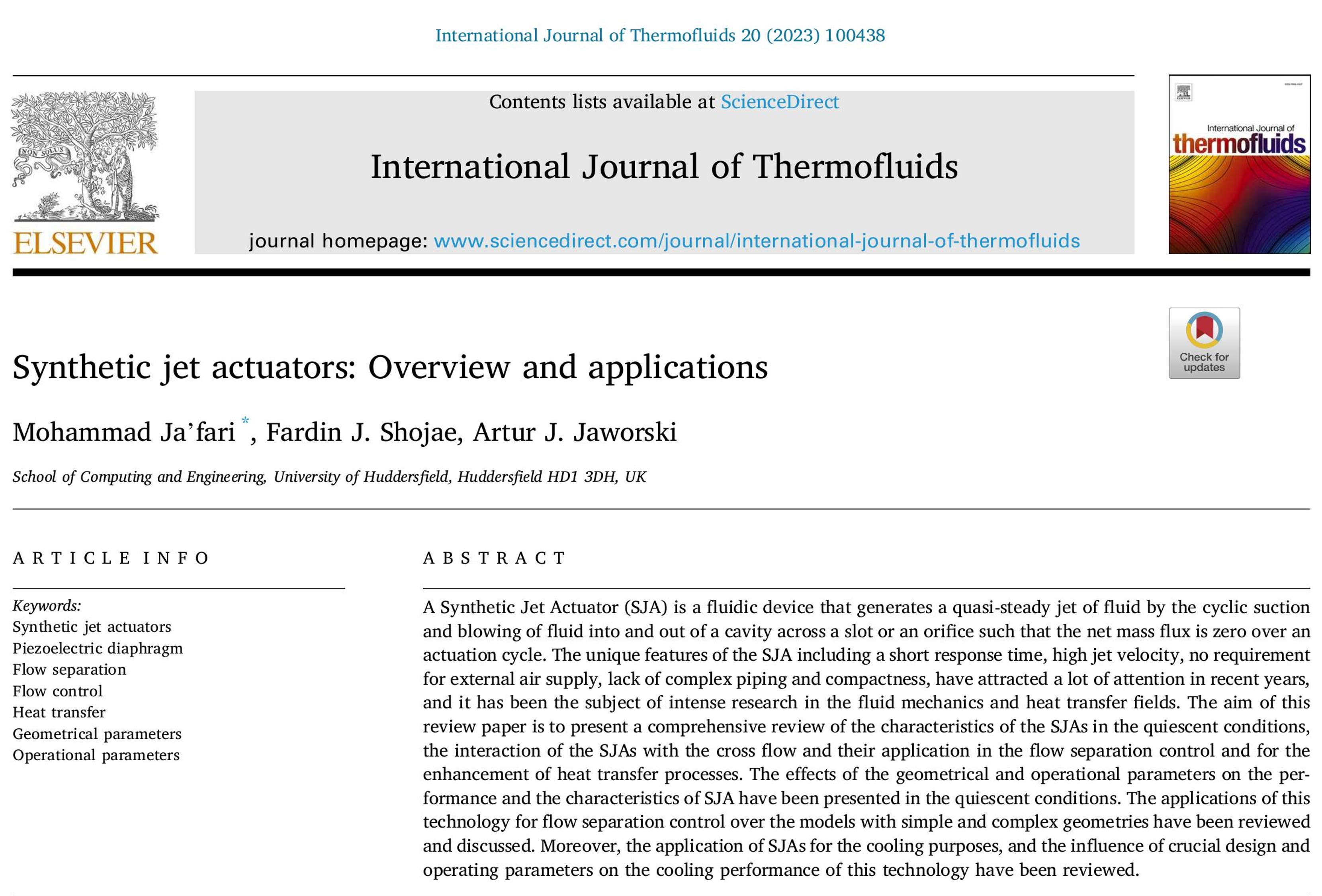 Cover image of Synthetic Jet Actuators paper by Mohammad Ja'fari, Fardin Jahanbakhsh Shojae, and Artur J. Jaworski