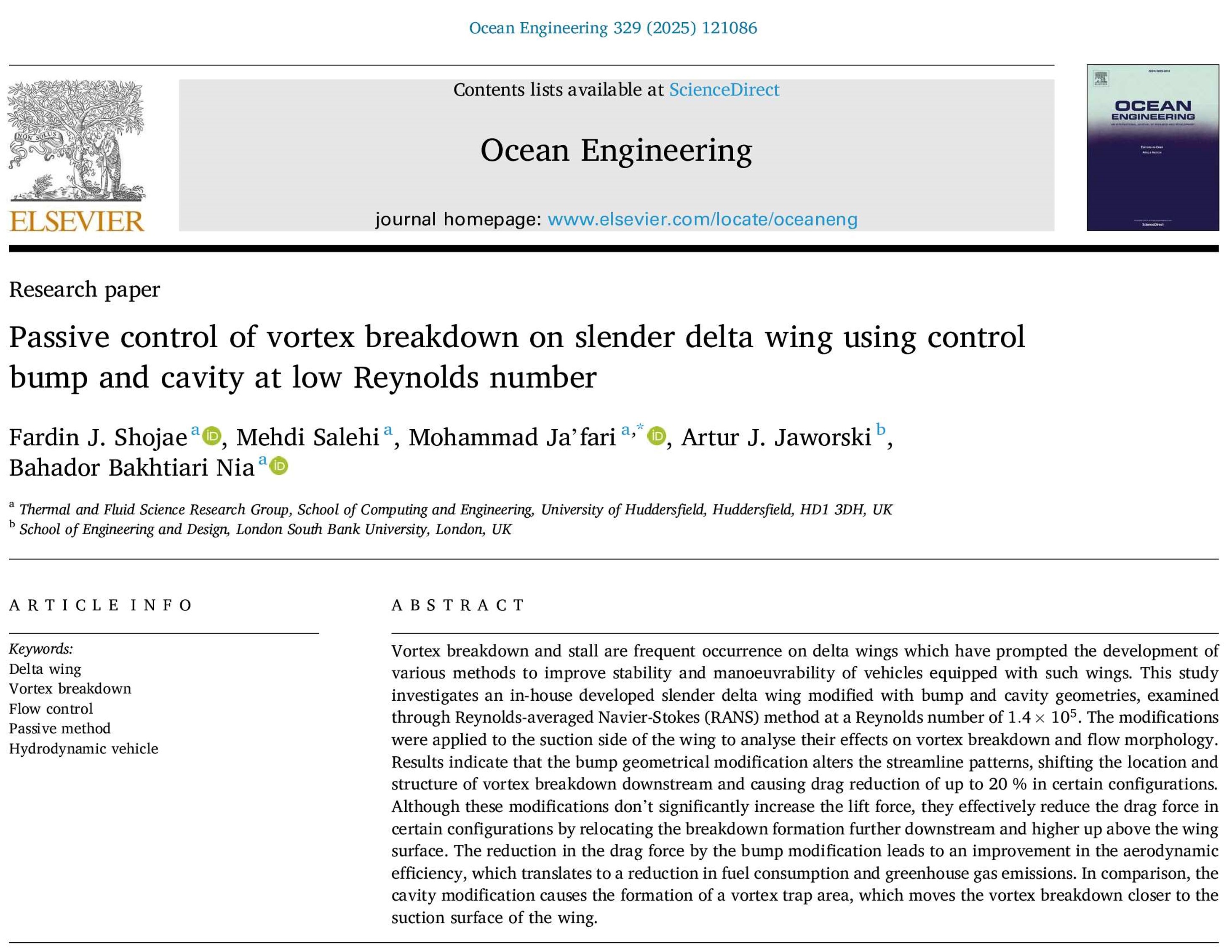 Cover image of Passive Control of Vortex Breakdown on Delta Wing by Fardin Jahanbakhsh Shojae and Mohammad Ja'fari